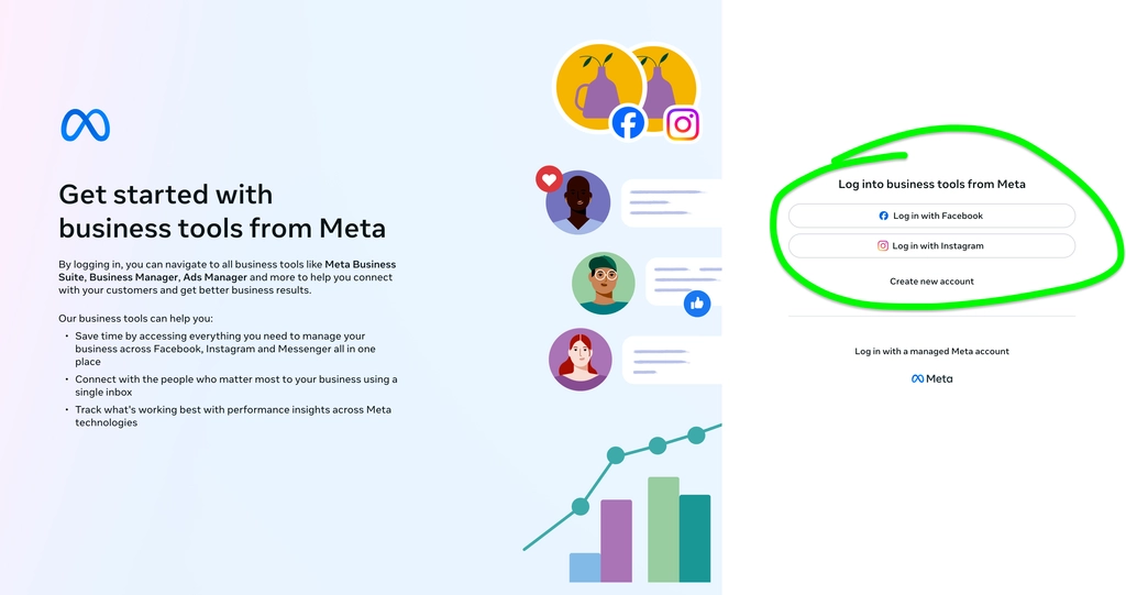 Meta business tools login page displaying 'Get started with business tools from Meta' alongside options to Log in with Facebook, Log in with Instagram, and Create new account.