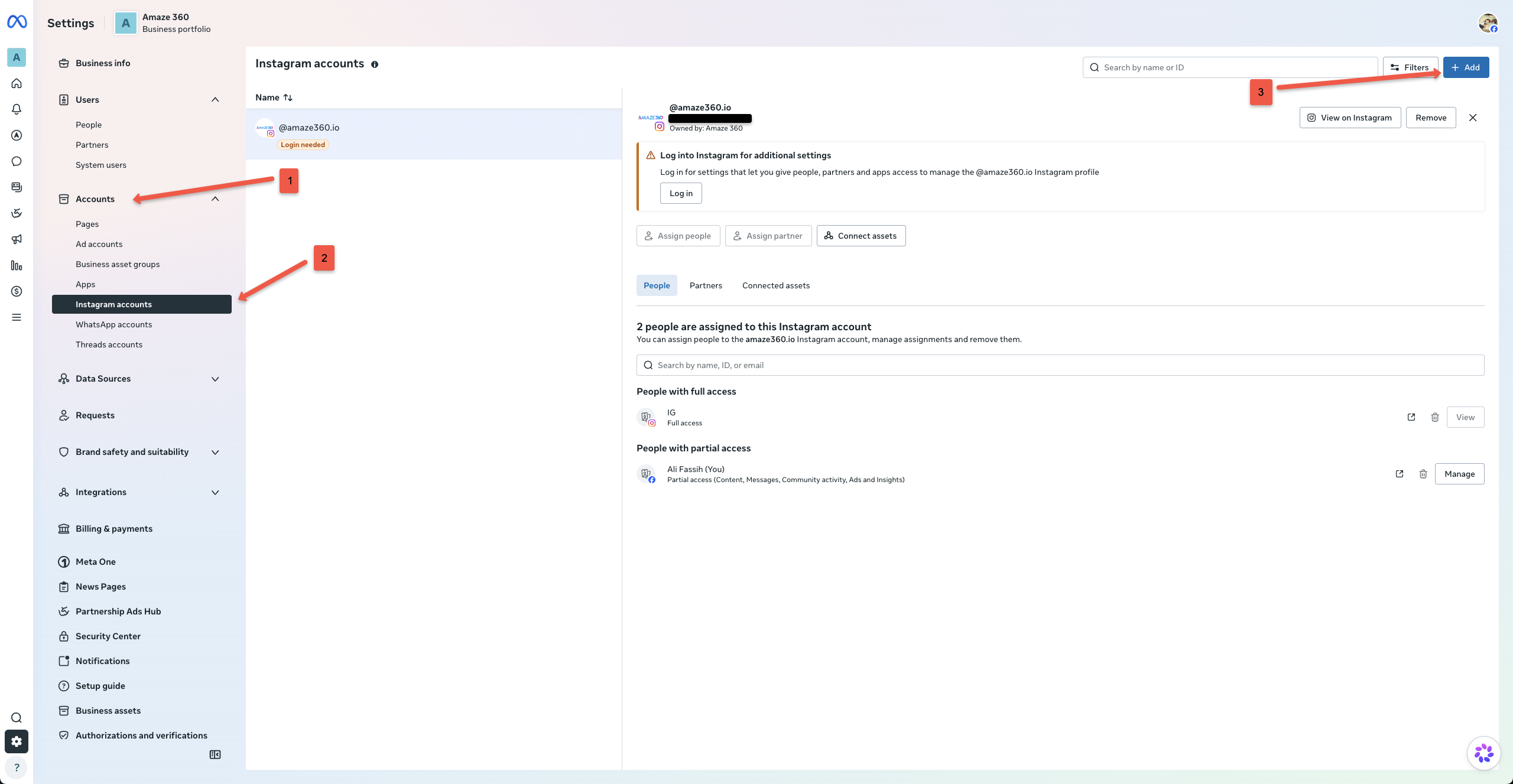 Meta Business Settings - Accounts > Instagram accounts, showing + Add button and connected account
