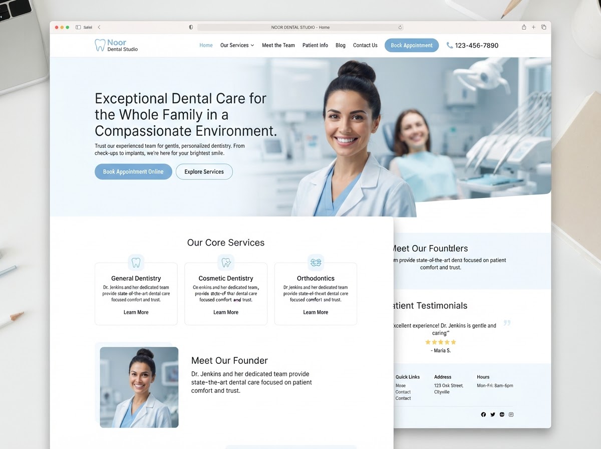 Noor Dental Studio clinic website homepage designed by Review Season