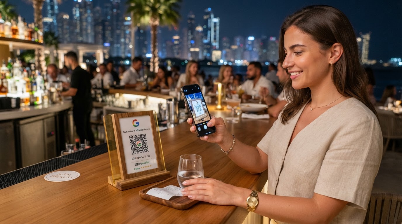 Customer scanning QR code on phone to leave a Google review in a UAE venue