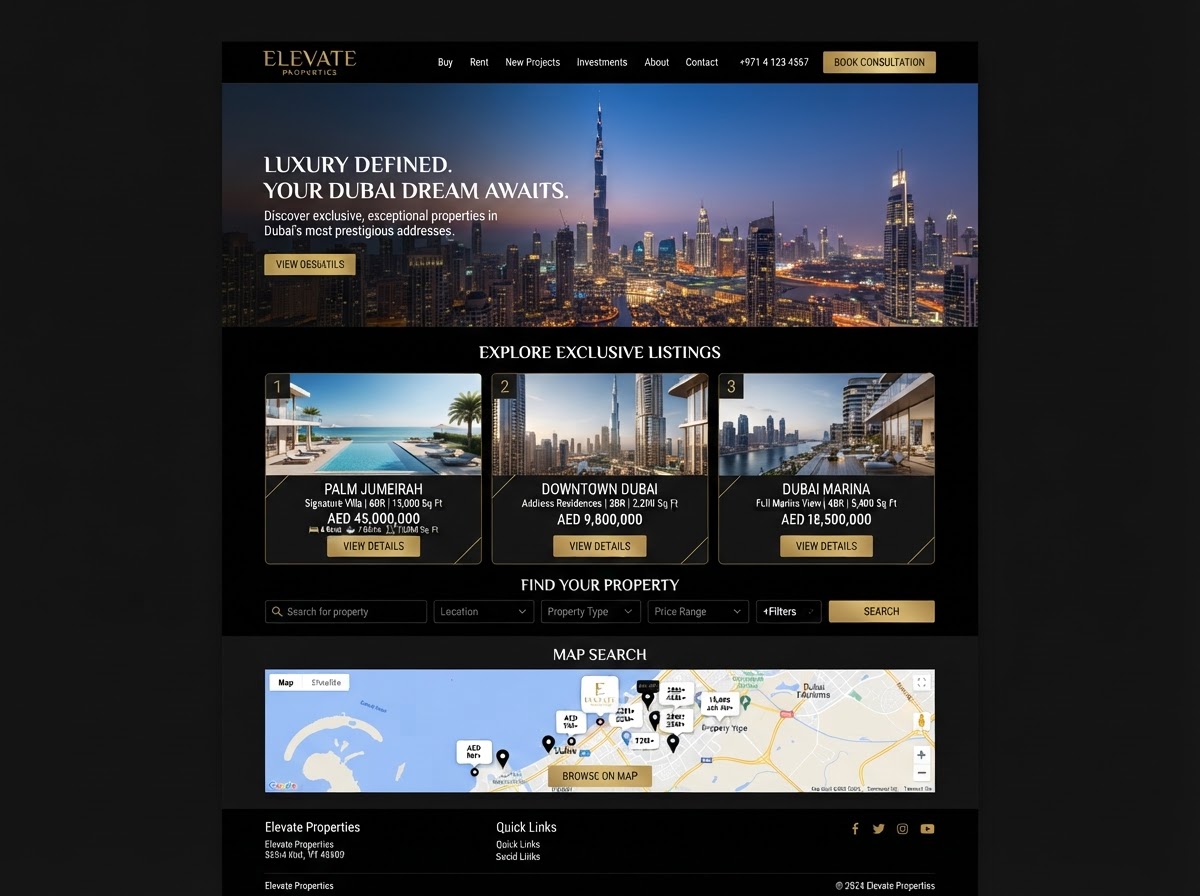 Elevate Properties real estate website homepage designed by Review Season