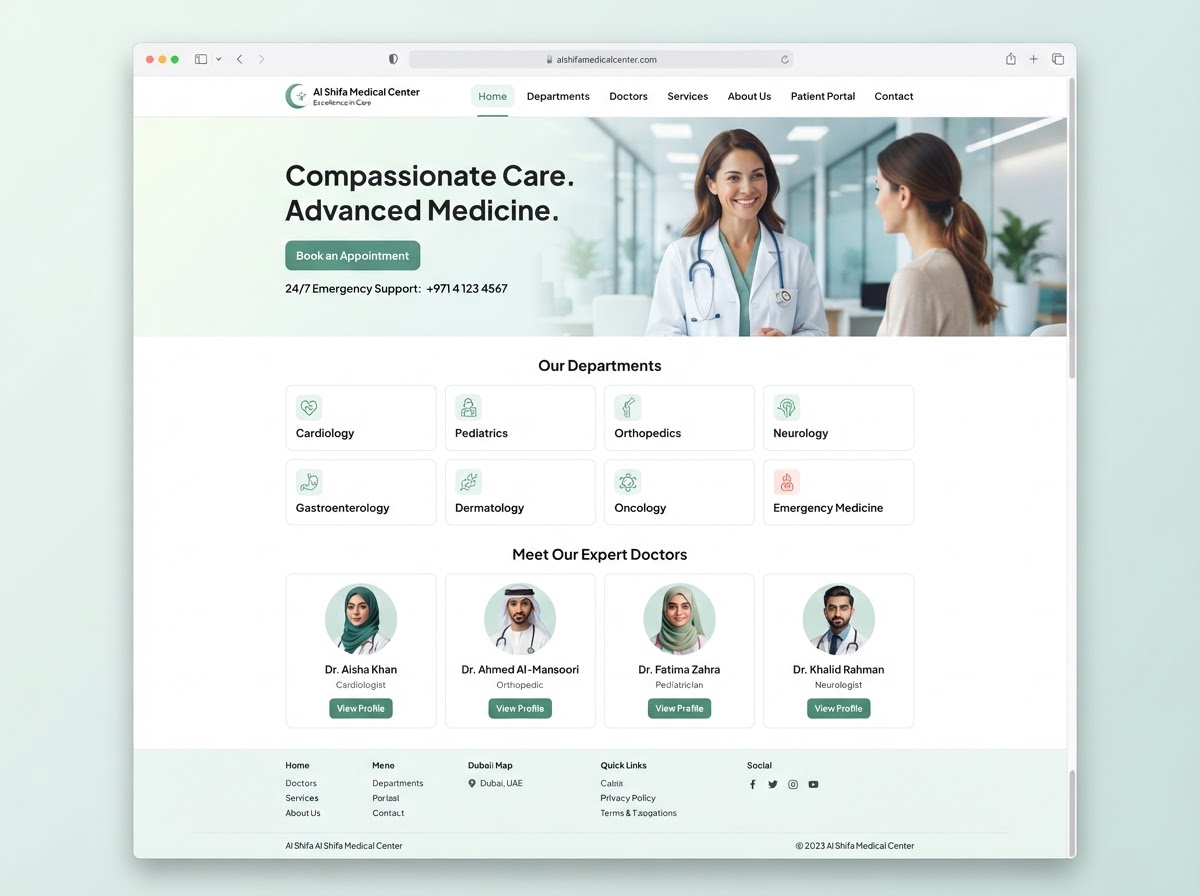 Al Shifa Medical Center clinic website homepage designed by Review Season