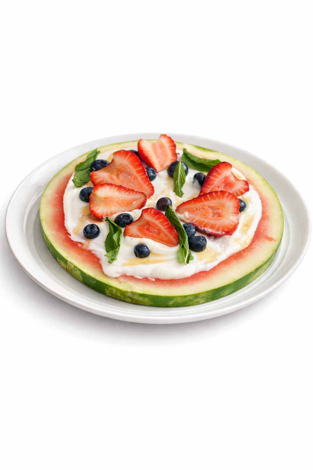 Watermelon breakfast pizza with yogurt and berries