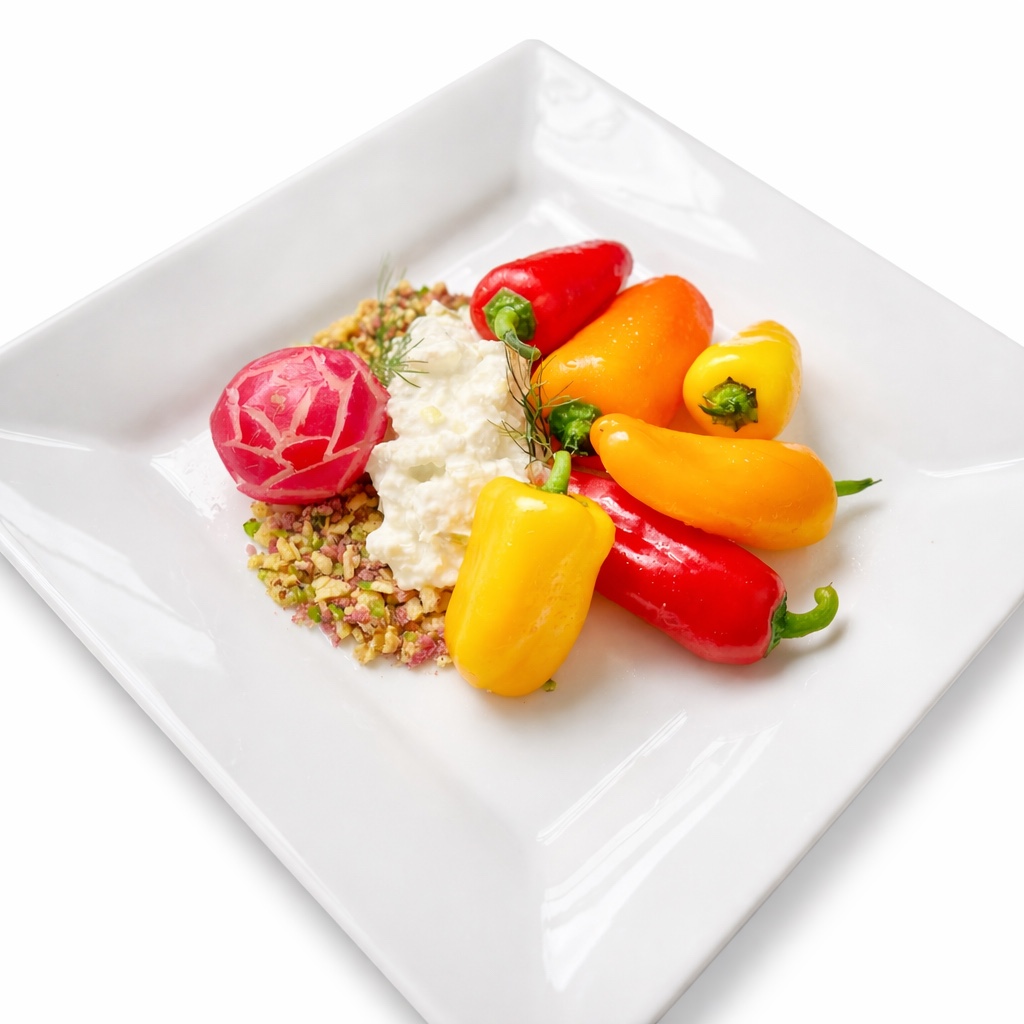 Artisan sweet peppers with fresh burrata cheese, herbs, and crushed pistachios