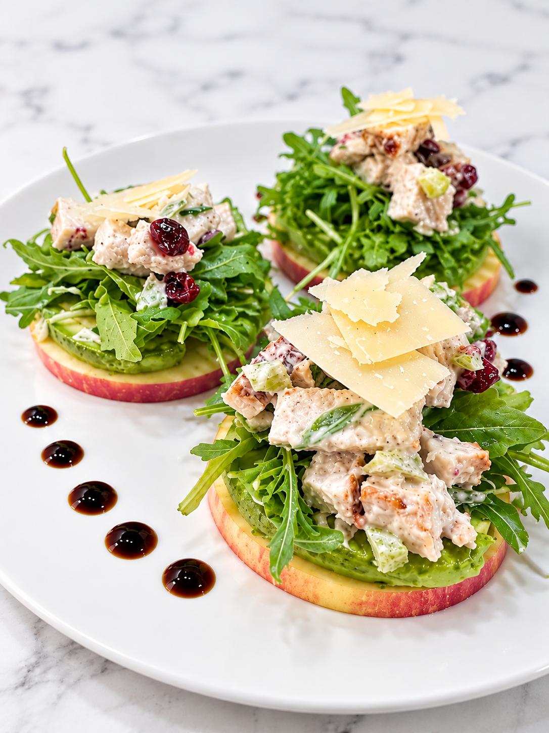 Chicken salad stacked over sliced crisp apple and arugula with balsamic reduction