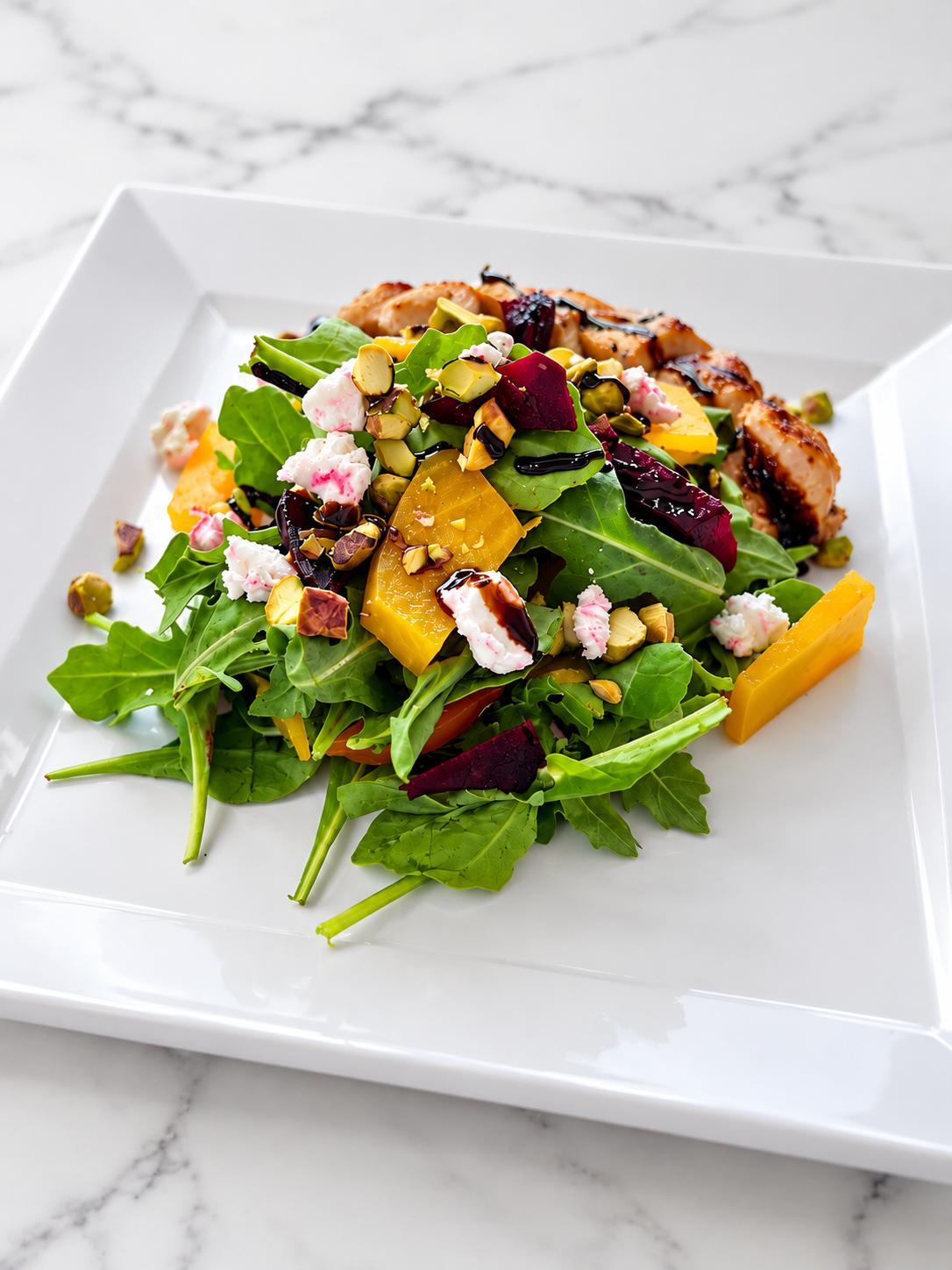 Artisan salad with golden and ruby beets, goat cheese, pistachios, and balsamic drizzle