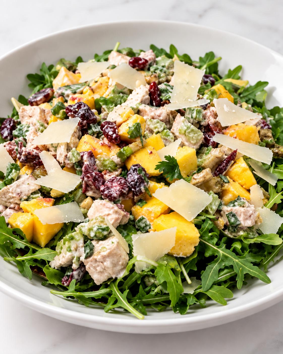 Arugula salad with chicken, fresh mango, dried cranberries, and shaved parmesan