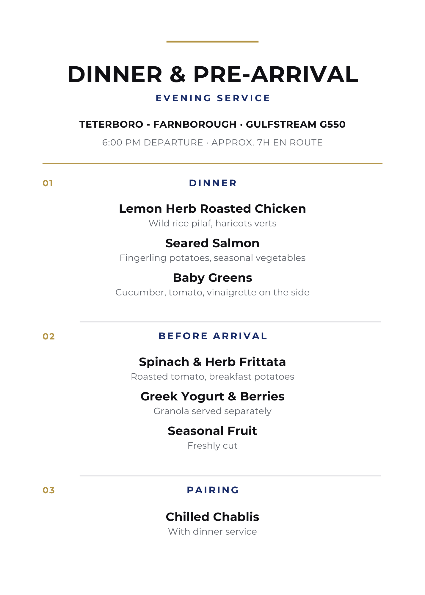 Executive Transatlantic Dinner Menu