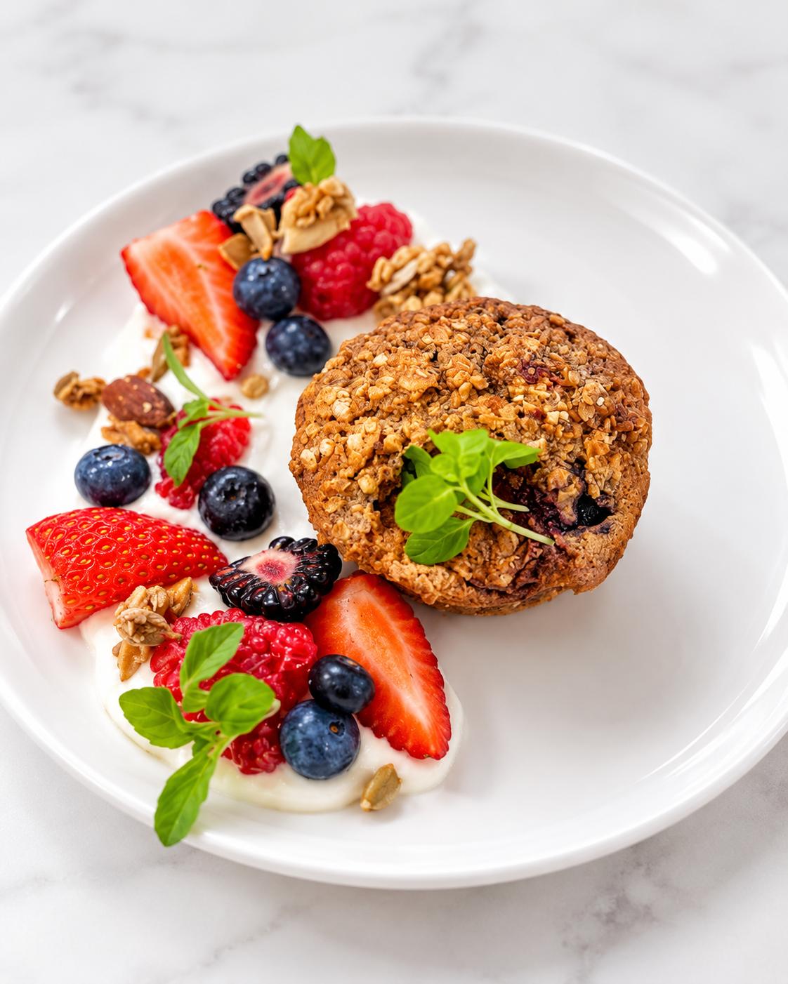 Oatmeal muffin with fresh berry compote and yogurt