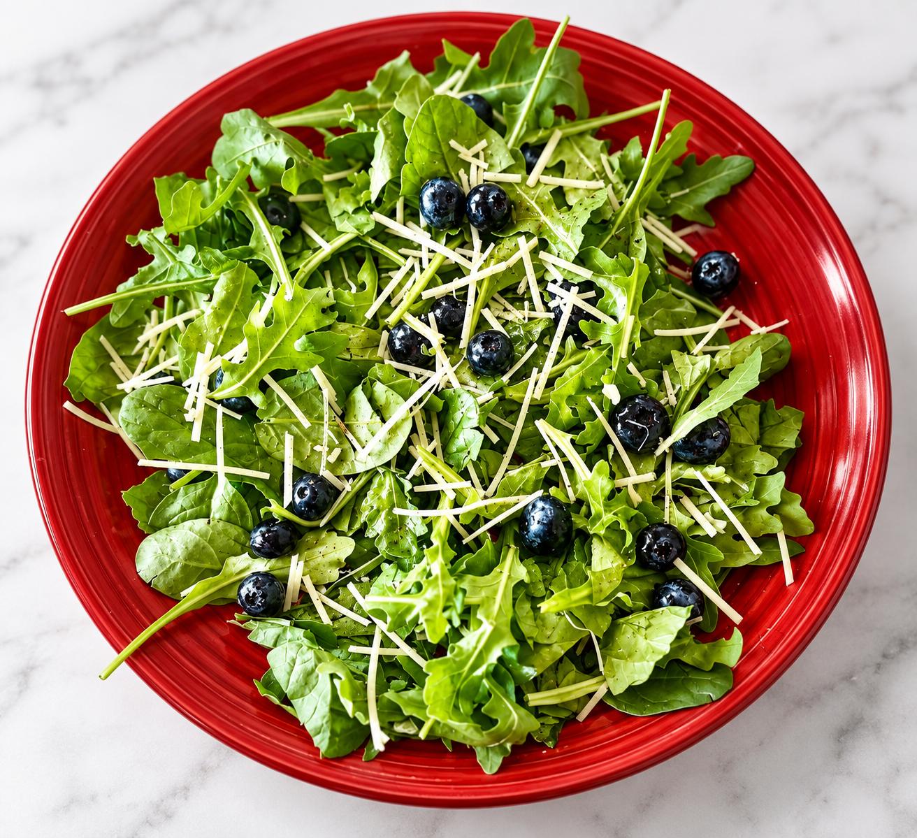 Vibrant blueberry, arugula, and shaved parmesan salad on a red ceramic plate