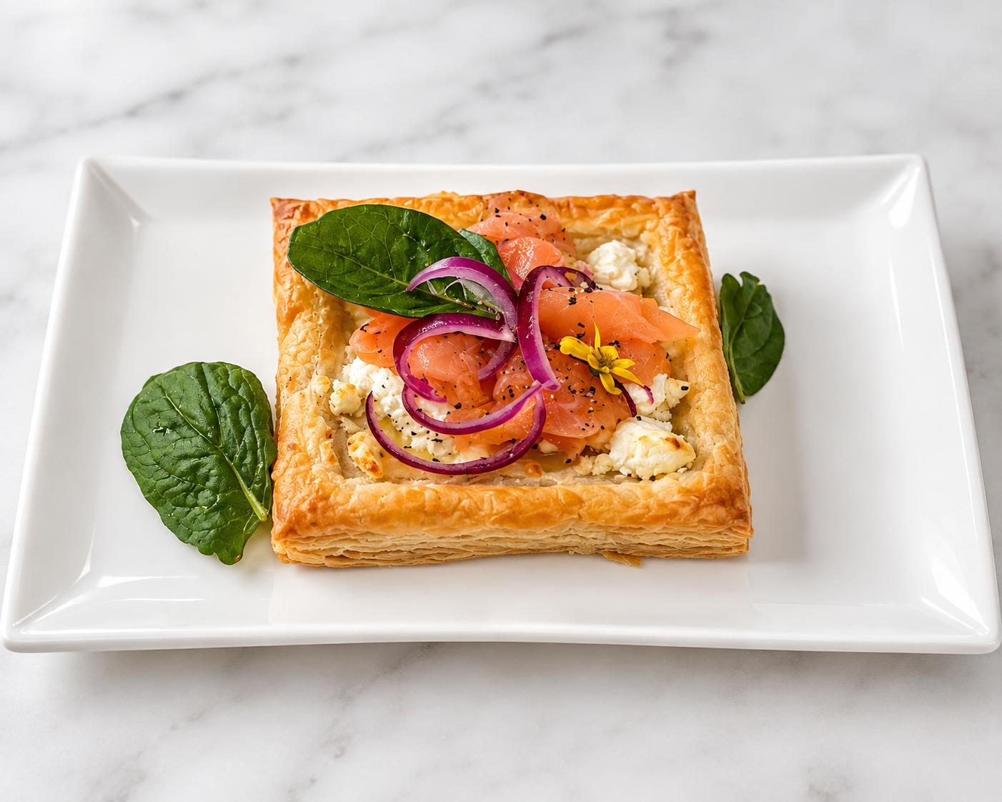Smoked salmon and goat cheese puff pastry tart