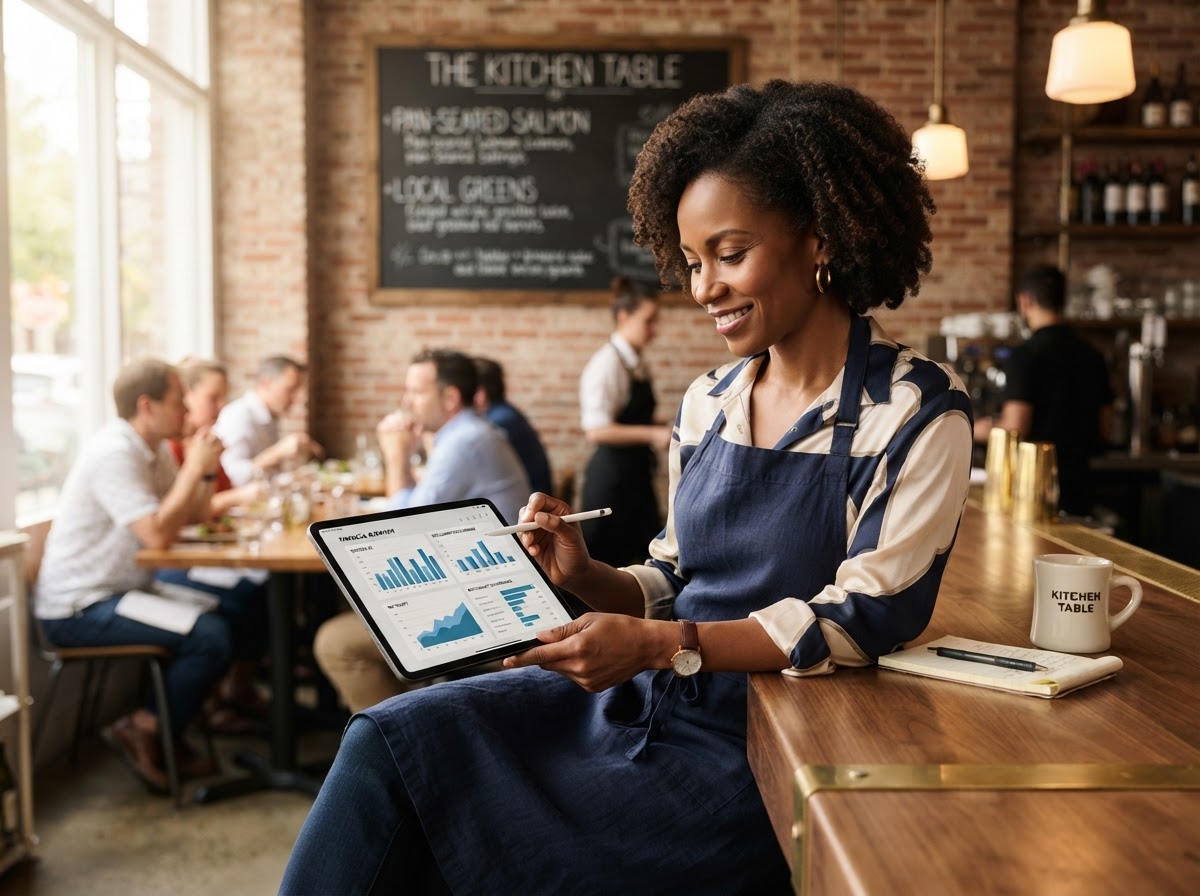 A restaurant owner reviewing her financial statements and profit charts