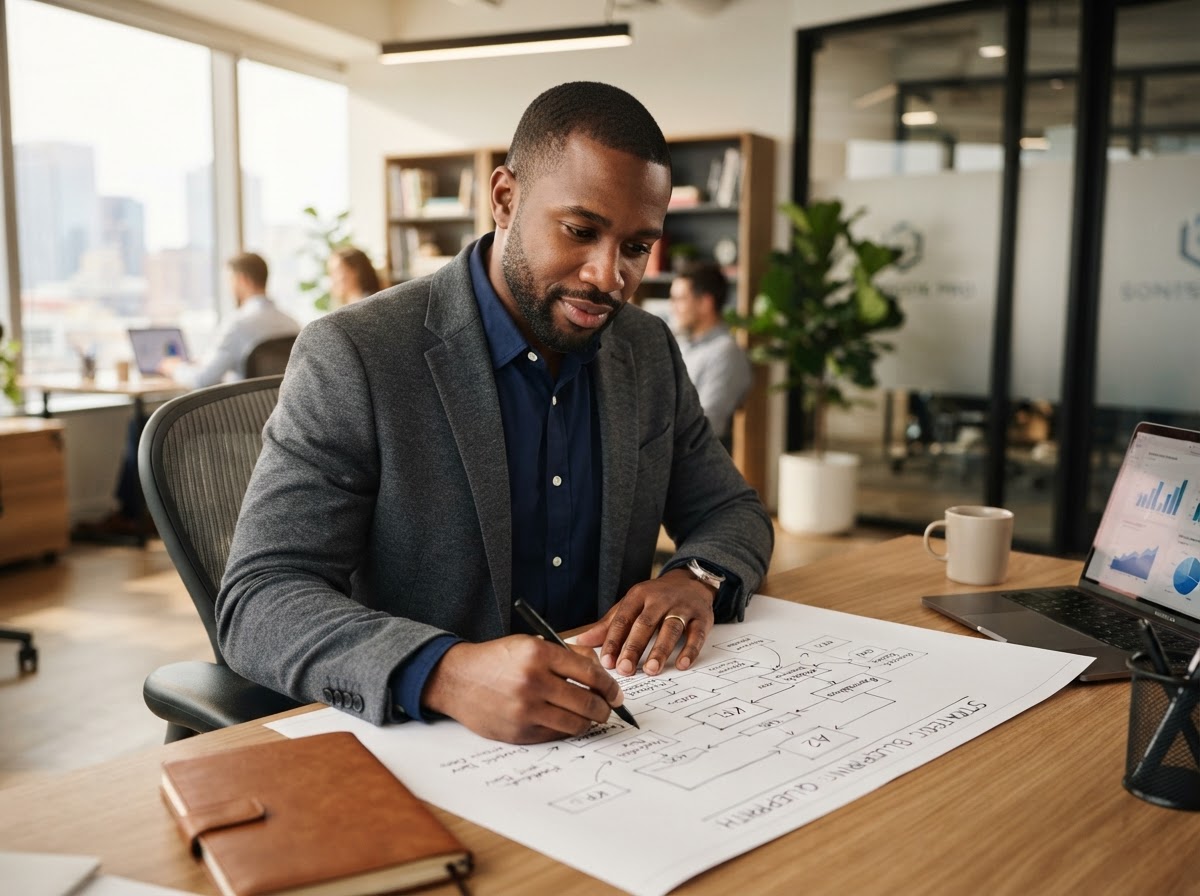 A business owner sketching a strategic blueprint on paper
