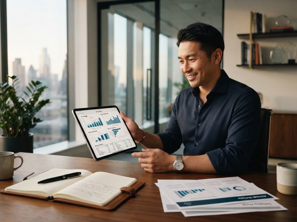 A business owner reviewing profit margin charts on a tablet