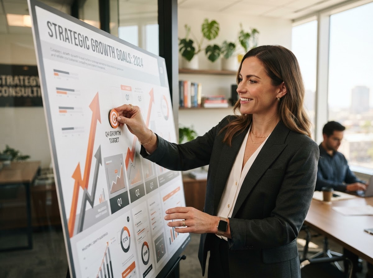 A business owner placing a target marker on a growth goal board