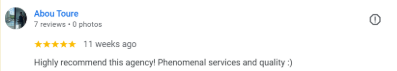Google review from Abou Toure - phenomenal services and quality