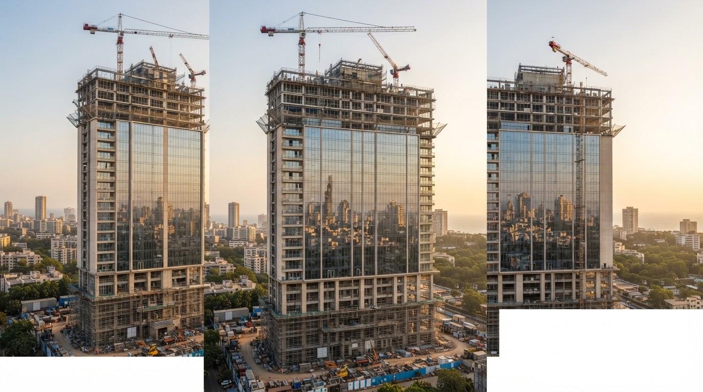 A brand-new ultra-luxury residential tower under construction in Mumbai, high-spec glass panels and a crane, sharp modern structure