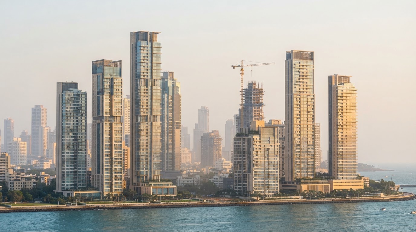 A Mumbai skyline of brand-new ultra-luxury residential towers at varying heights, with a construction crane and light haze