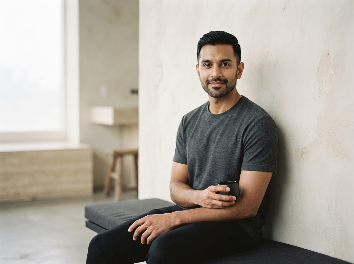 Founder Aaryesh Rathod, seated against a warm ivory plaster wall