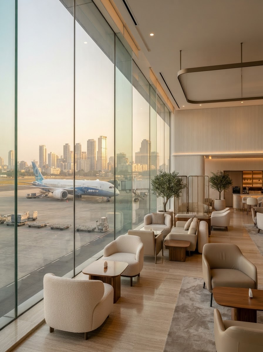 A premium airport lounge looking out at a parked aircraft, with a glass-forward Mumbai skyline of luxury towers in the distance