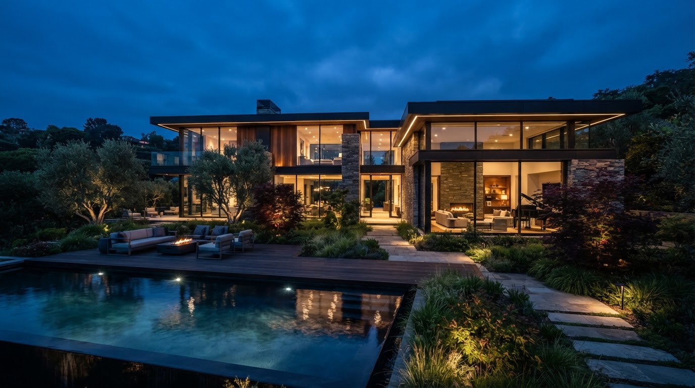895 Whitney Drive — luxury home at dusk