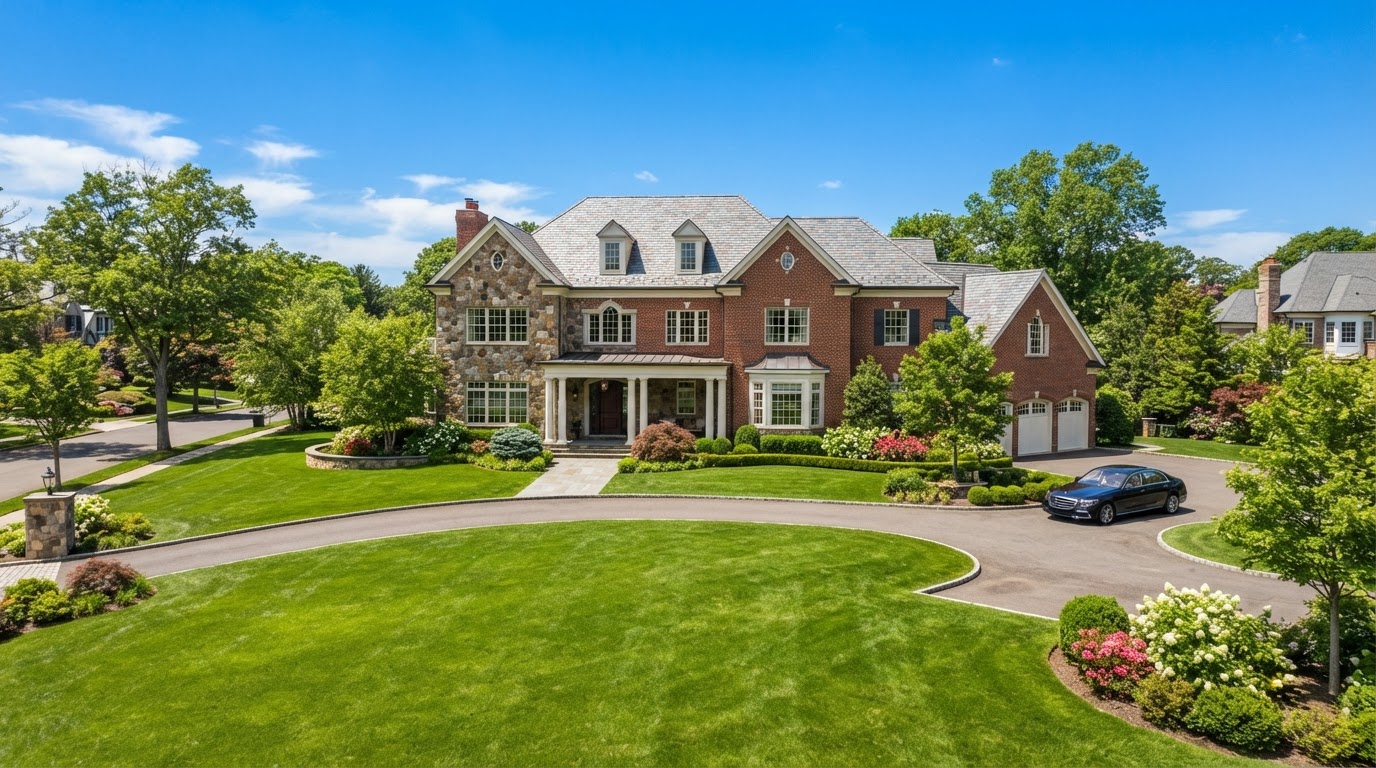 895 Whitney Drive — grand traditional mansion estate with a large manicured front lawn under bright midday sunlight