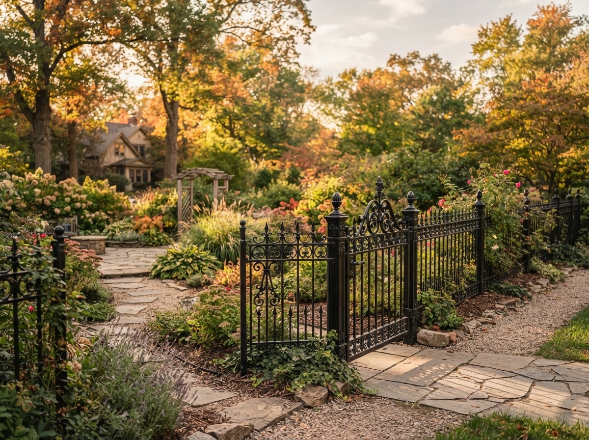 Black ornamental wrought iron fence in The Woodlands