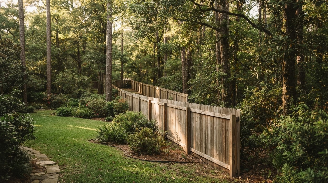 Wood residential fence under The Woodlands tree canopy