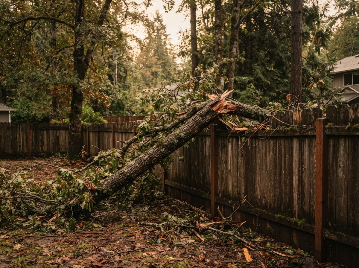 Storm and fallen pine tree limb damage on residential fence