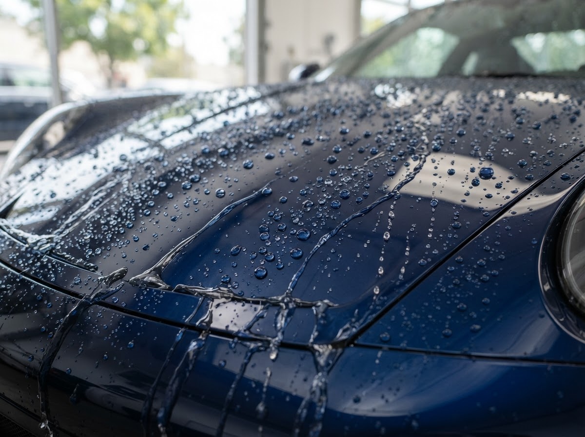 Water beading on a ceramic coated vehicle surface demonstrating hydrophobic properties