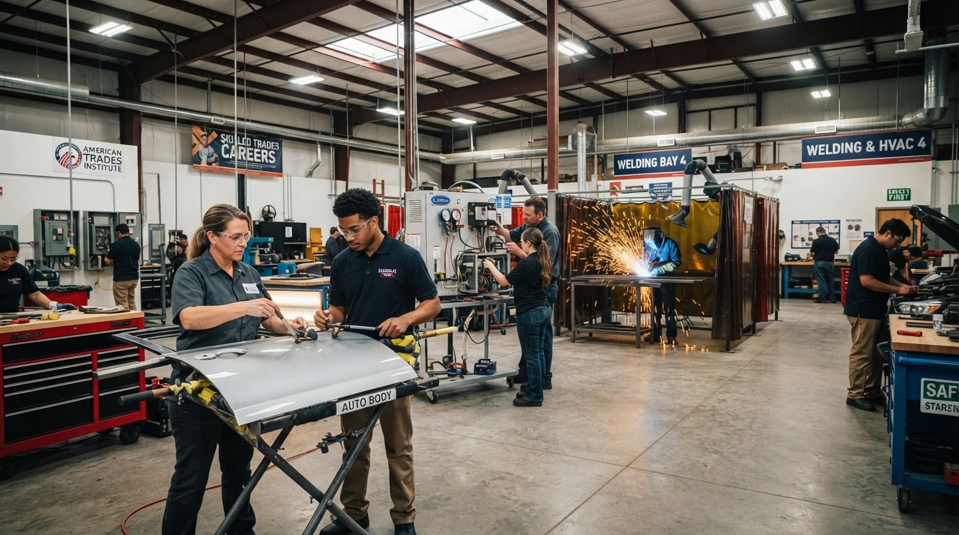 Students receiving hands-on skilled trades training in a modern workshop