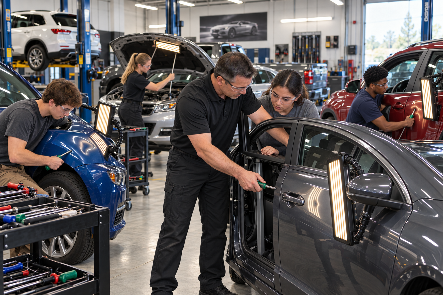 Students practicing dent repair on real vehicle hoods