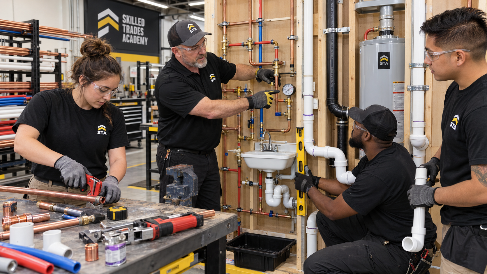 Plumber working on residential pipes under a sink with wrenches