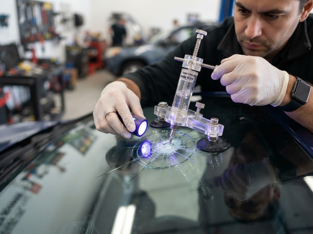 Technician repairing a windshield chip with resin injection tool