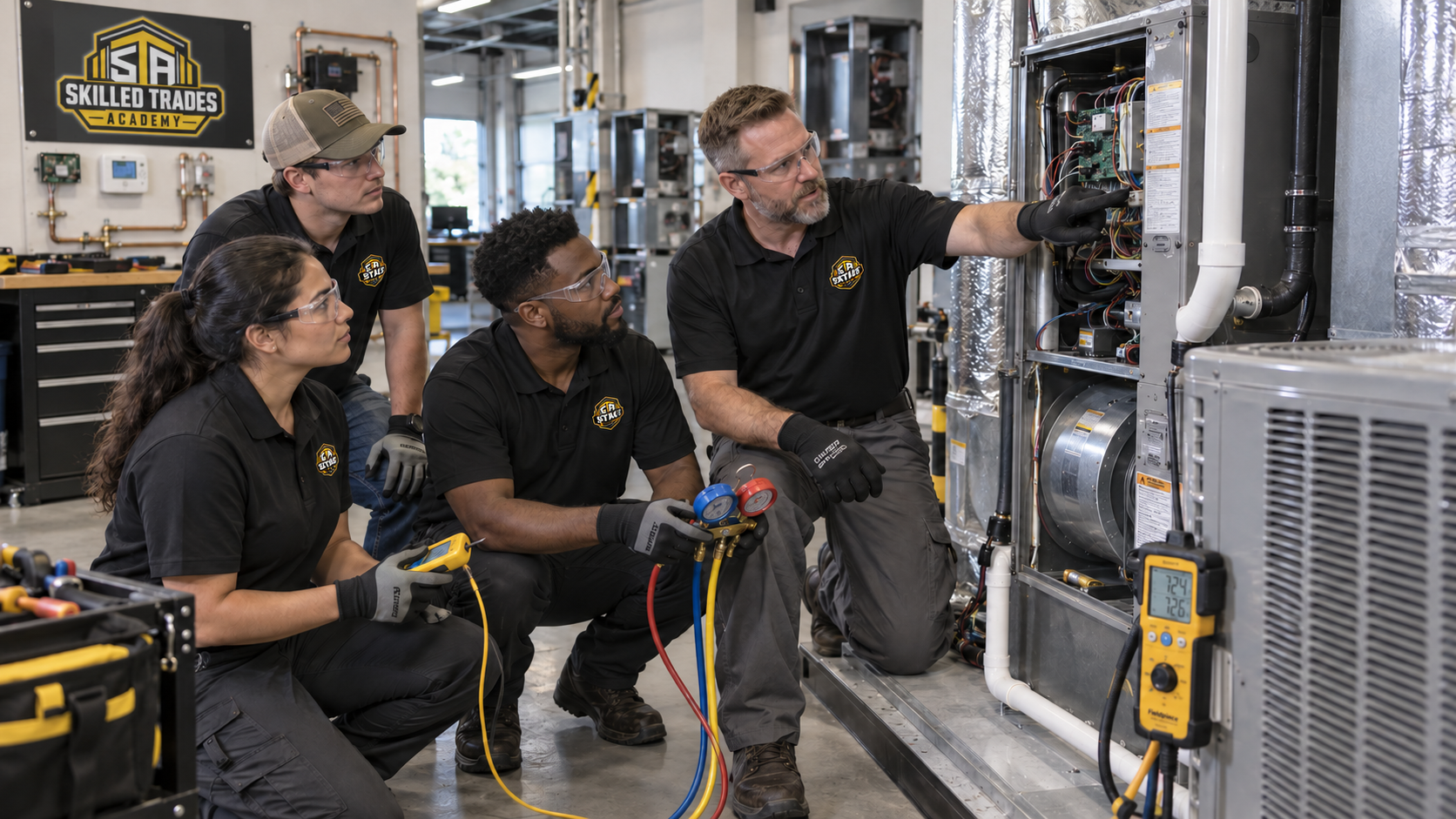 HVAC technician servicing an air conditioning unit with gauges and tools