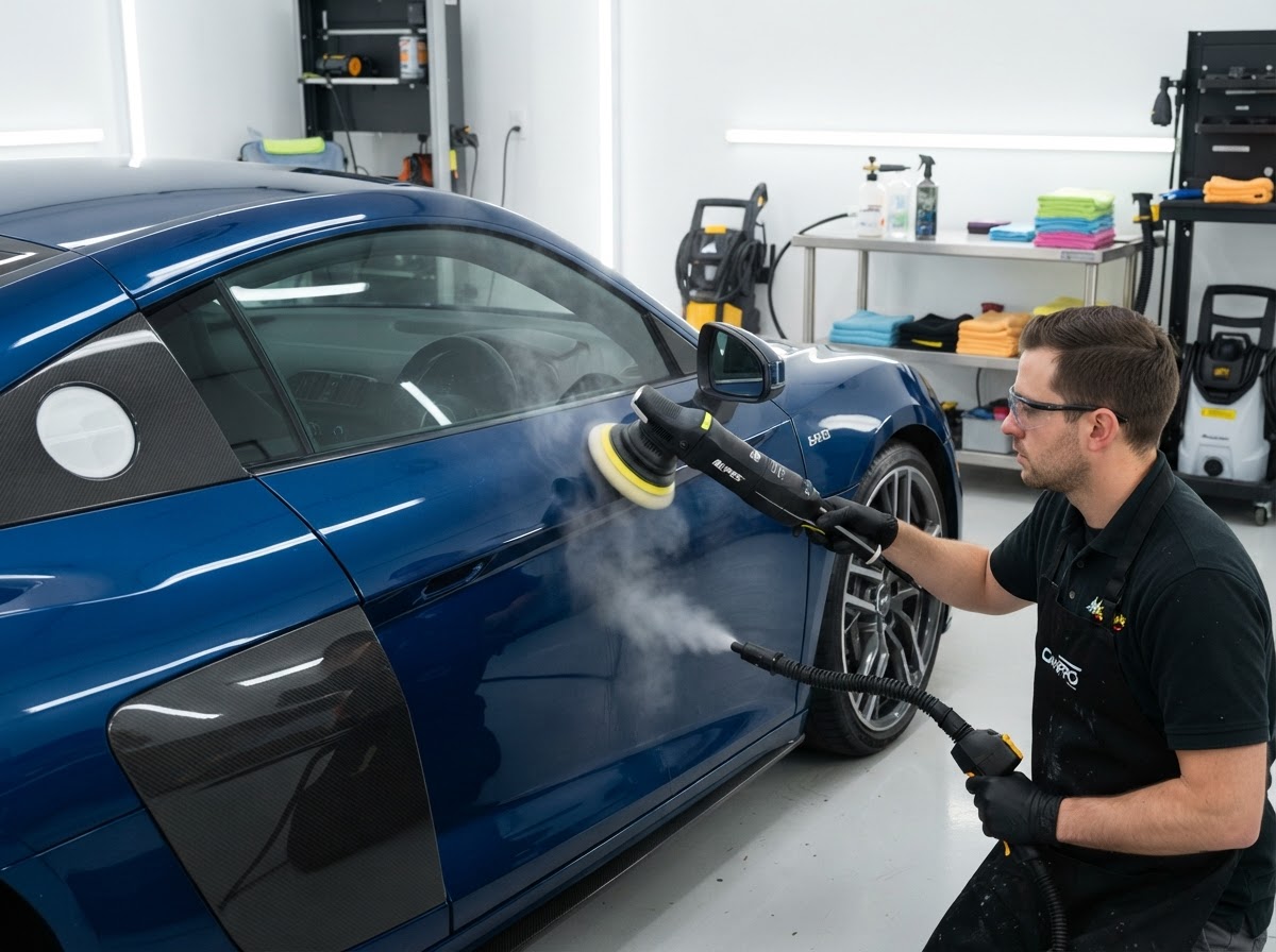 Professional auto detailing with steam cleaning and polishing equipment
