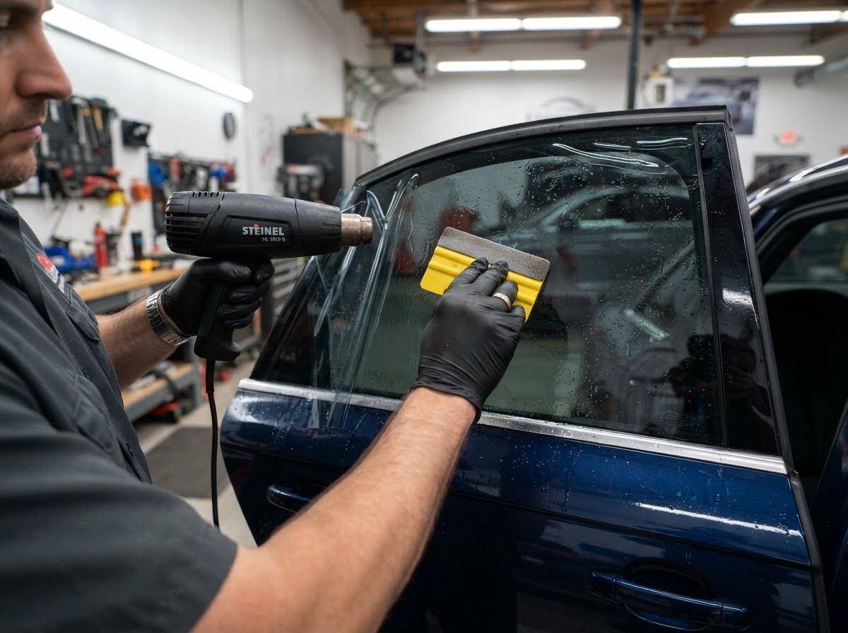 Technician installing window tint film on a car door window