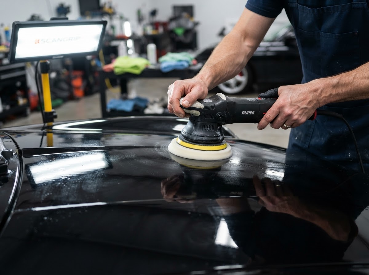 Dual action polisher being used for paint correction on a vehicle panel