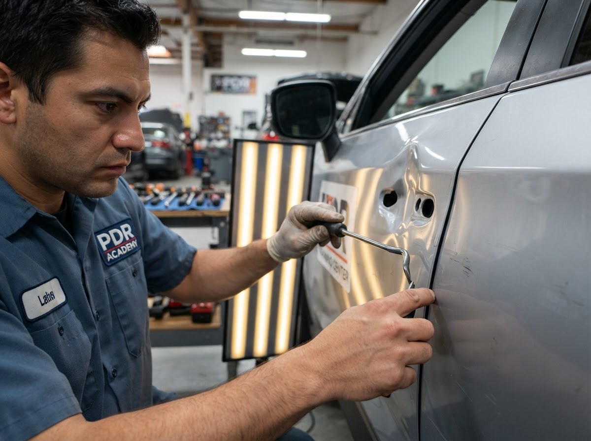 Technician using specialized tools to perform paintless dent repair on a vehicle panel
