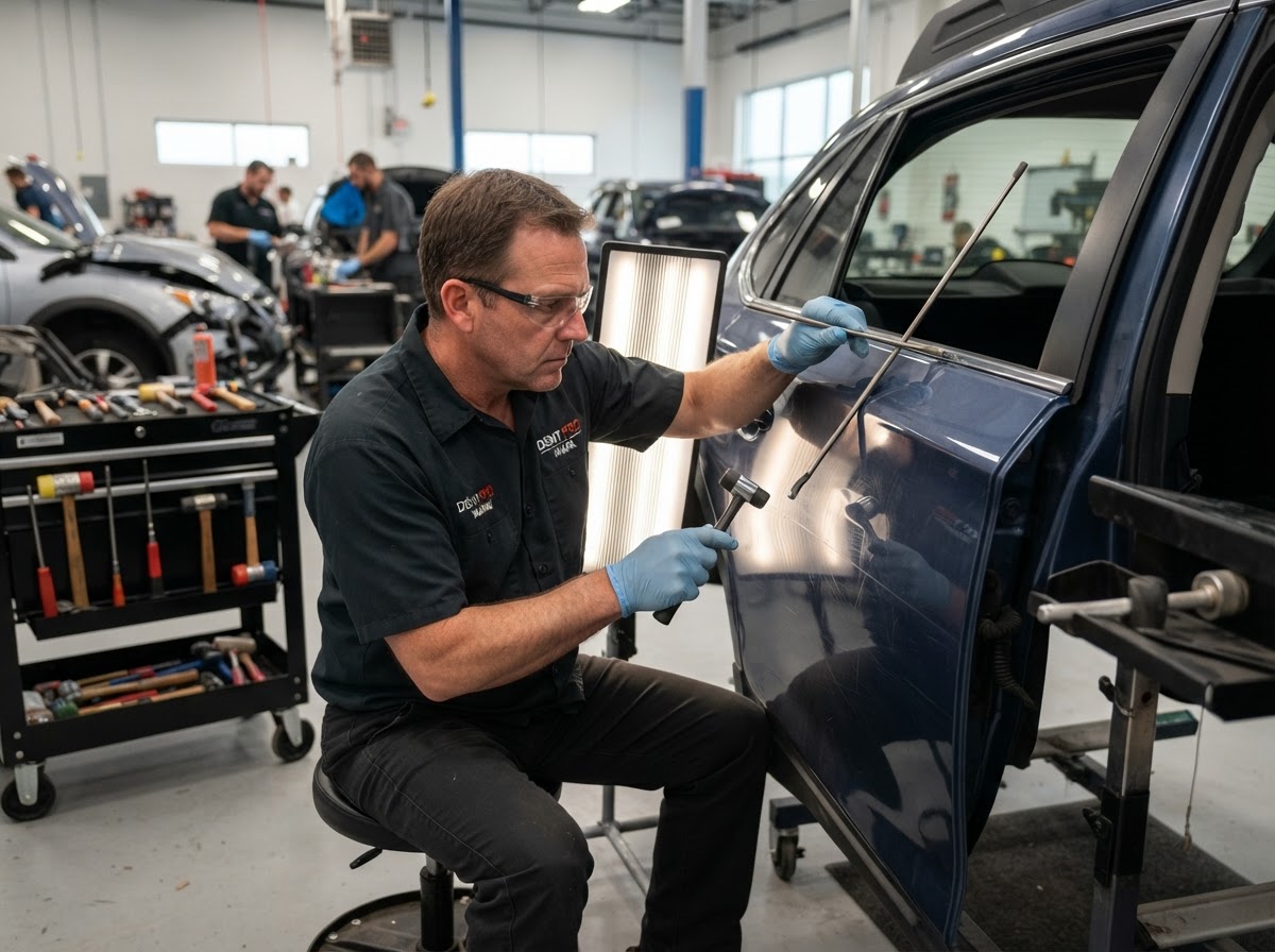 Automotive technician performing hands-on reconditioning work