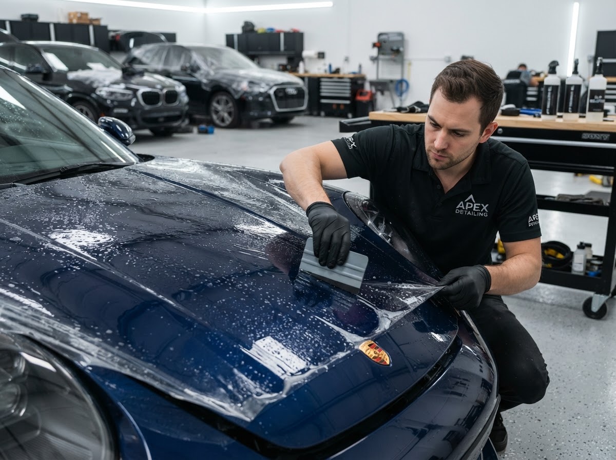 Installer applying paint protection film to the hood of a vehicle