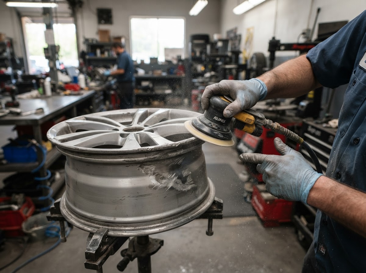 Technician repairing and refinishing a damaged alloy wheel