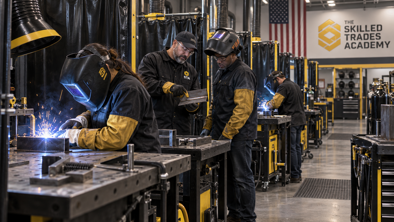 Welder in protective gear welding metal with bright sparks in a workshop