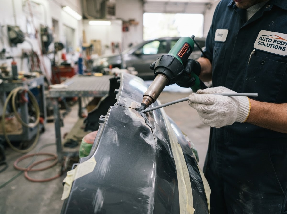 Technician repairing a scuffed plastic bumper with heat and filler