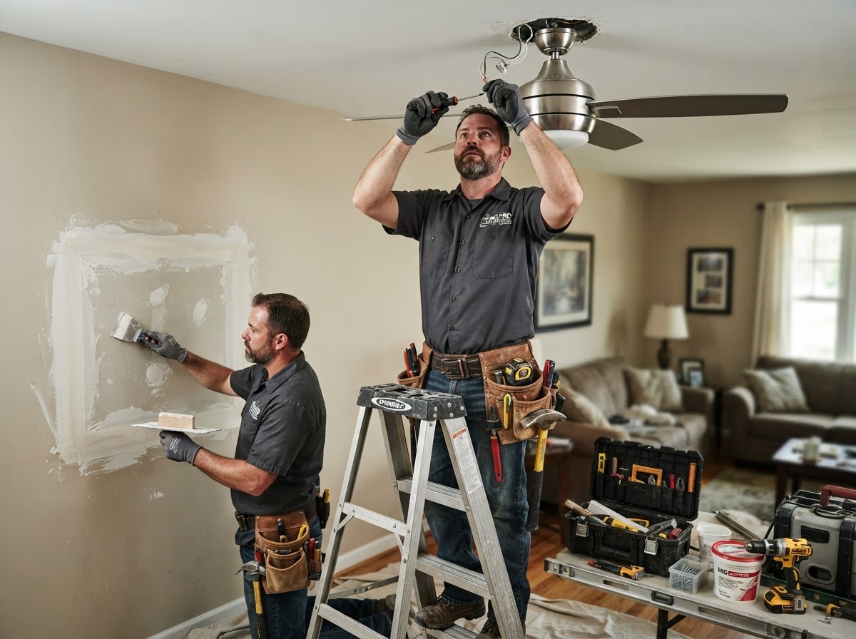 Professional handyman completing residential repairs with tools