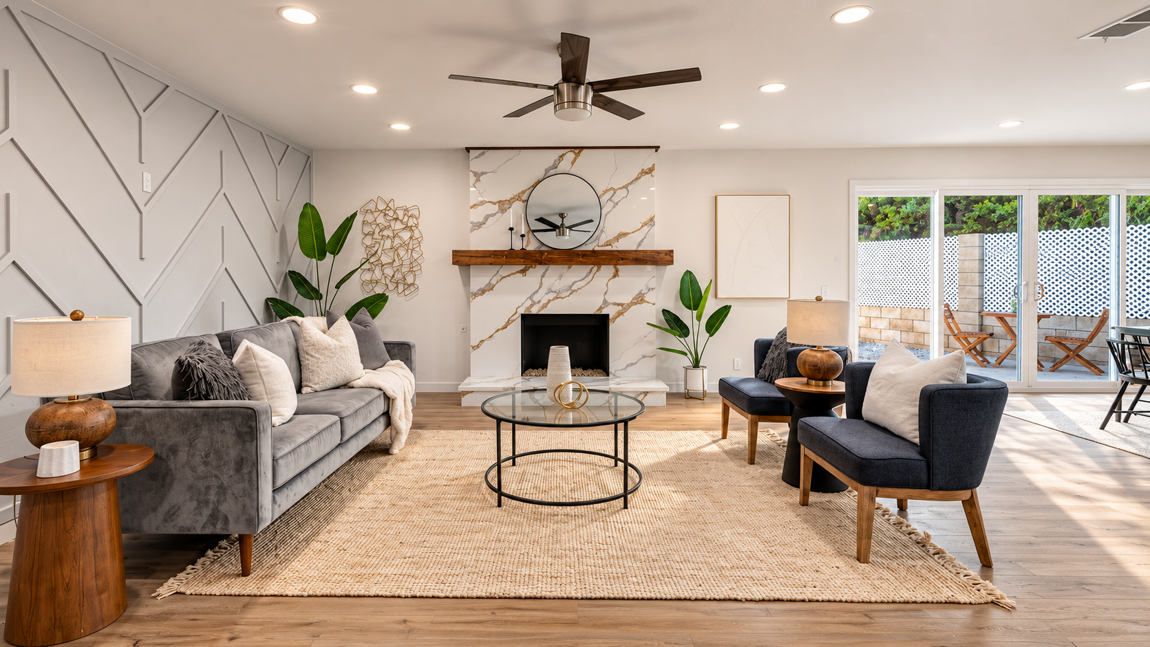 Warm living room interior of a Redlands home with modern fireplace