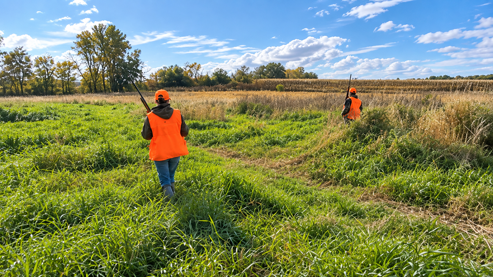Hunters wearing blaze orange walking through rich green and golden upland cover