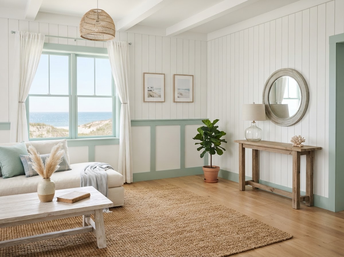 Coastal interior with fresh white shiplap and seafoam trim