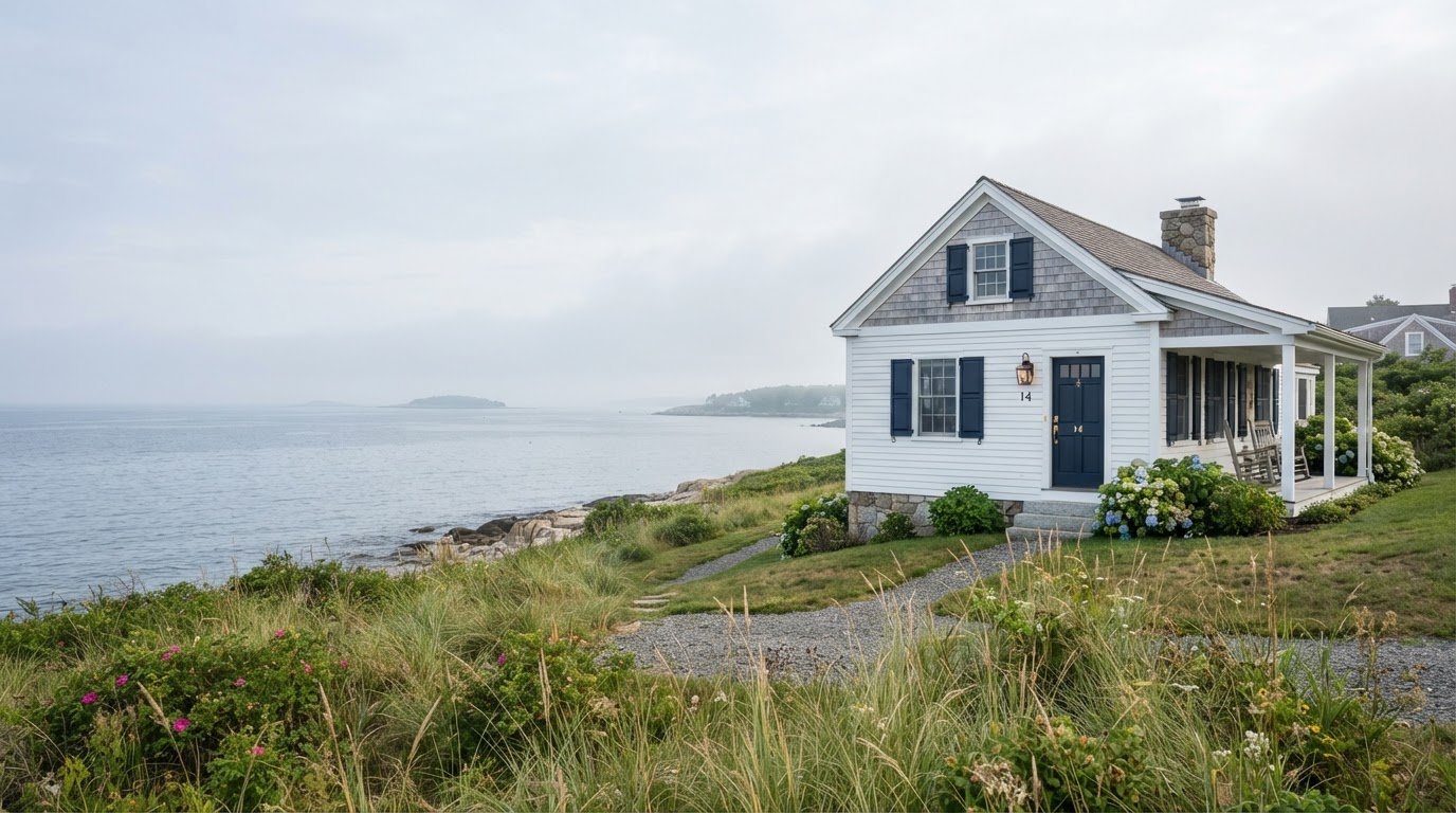 Freshly painted white coastal cottage with navy shutters by the Atlantic