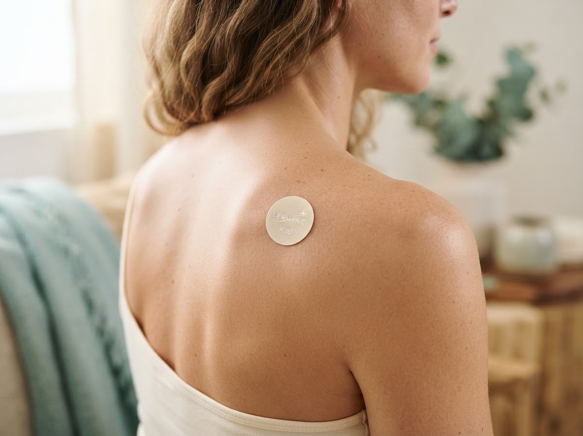 Phototherapy patch placed comfortably on upper shoulder
